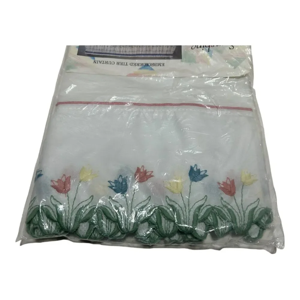 Vintage New Sunshine Tulip Embroidered Tier Curtain 60 in X 24 in